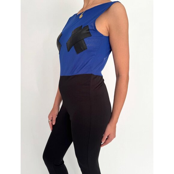 vintage blue fitted clubbing festival party backless mesh pant catsuit jumpsuit - Picture 5 of 9